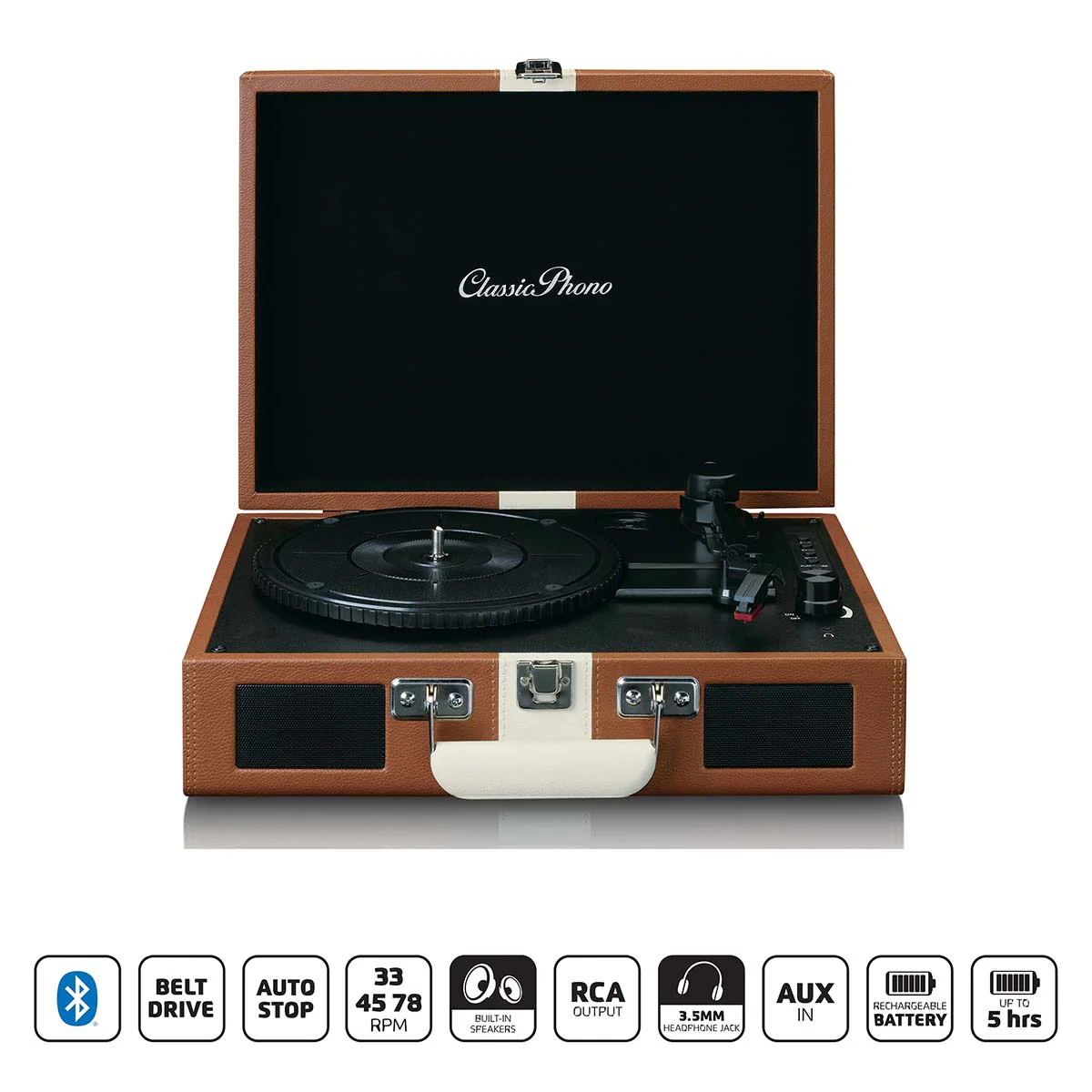 Classic Phono TT-120BNWH - Platine vinyle avec Bluetooth®, haut-parleurs intégrés et batterie rechargeable intégrée - Marron/Blanc - Image 6