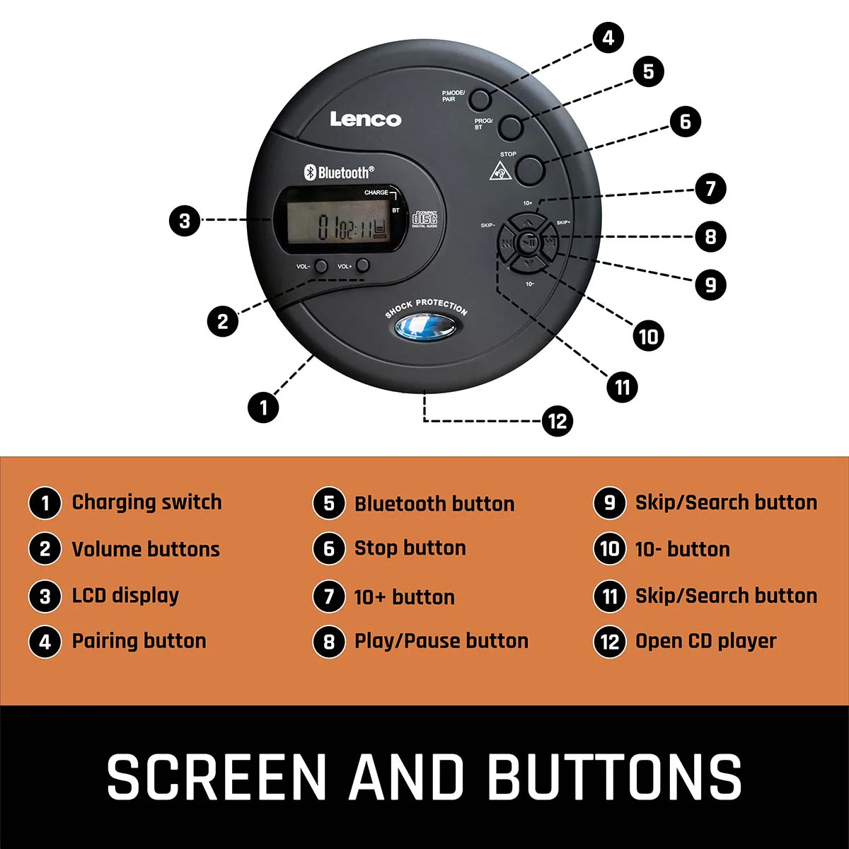 Lenco CD-300BK - Lecteur CD/MP3 Bluetooth® portable avec protection antichoc - Noir - Image 4