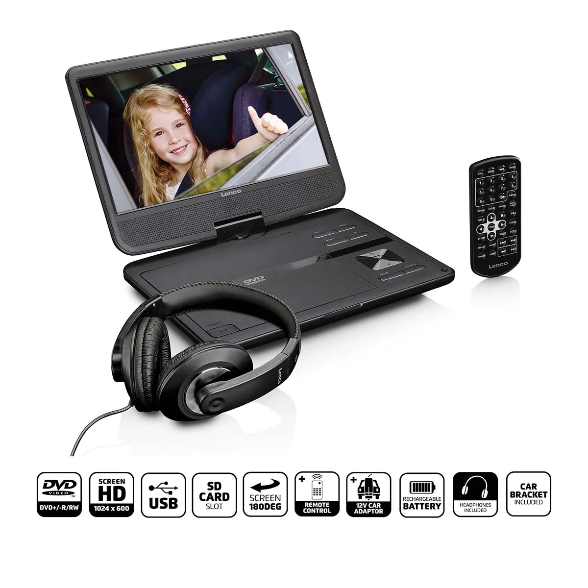 Lenco DVP-1010BK - Lecteur DVD portable de 10 pouces avec connexion USB, casque et dispositif de suspension - Image 12