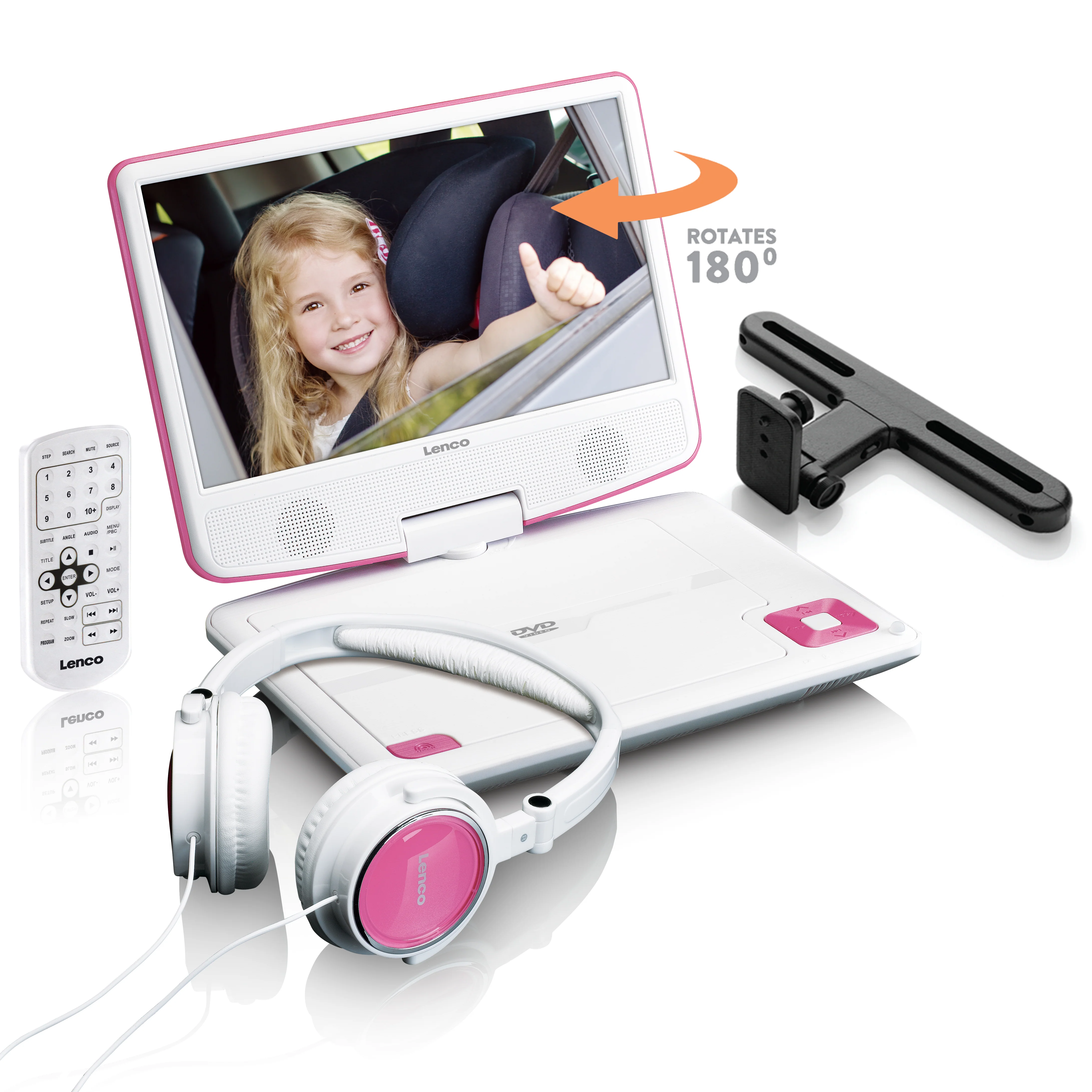 Lenco DVP-910PK - Lecteur DVD portable de 9 pouces avec casque, port USB et dispositif de suspension - Rose/blanc - Image 13
