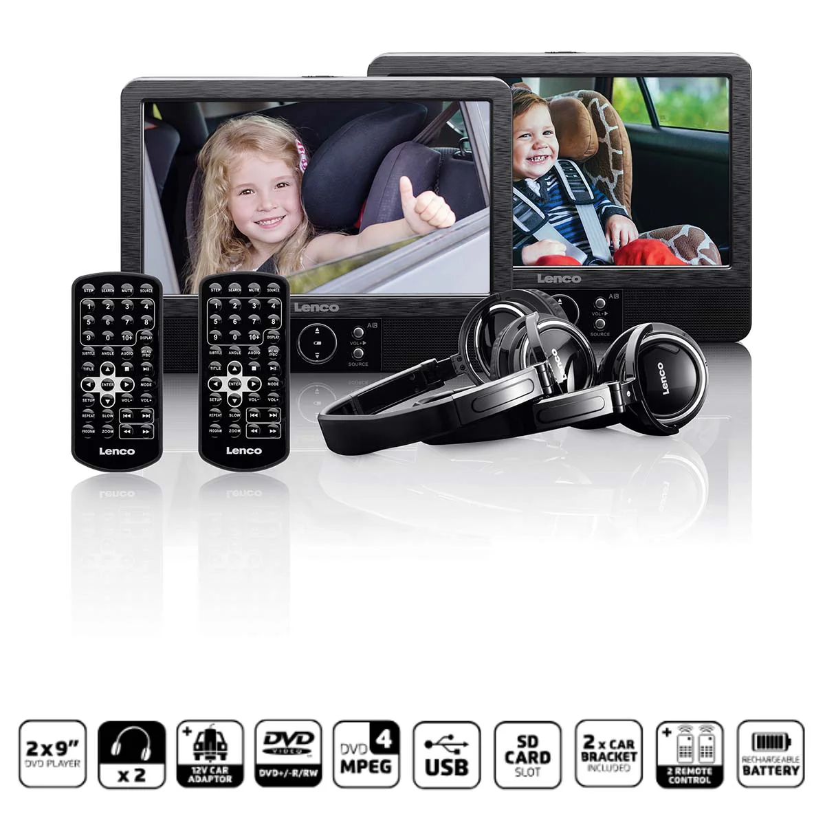 Lenco DVP-939 - Lecteur DVD portable 2 x 9 pouces avec connexion USB, emplacement pour carte SD, pile intégrée, deux casques et deux supports - Noir - Image 9