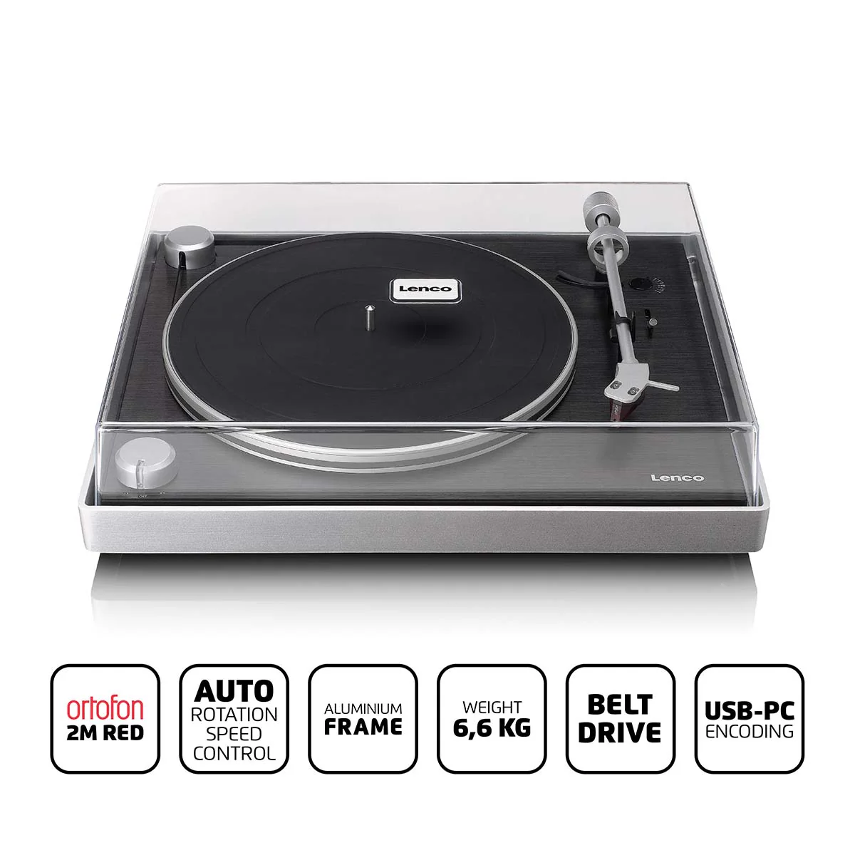 Lenco L-455BK - Platine vinyle avec entraînement par courroie visible, cadre en aluminium brossé et cellule à aimant mobile Ortofon 2M RED - Noir - Image 5