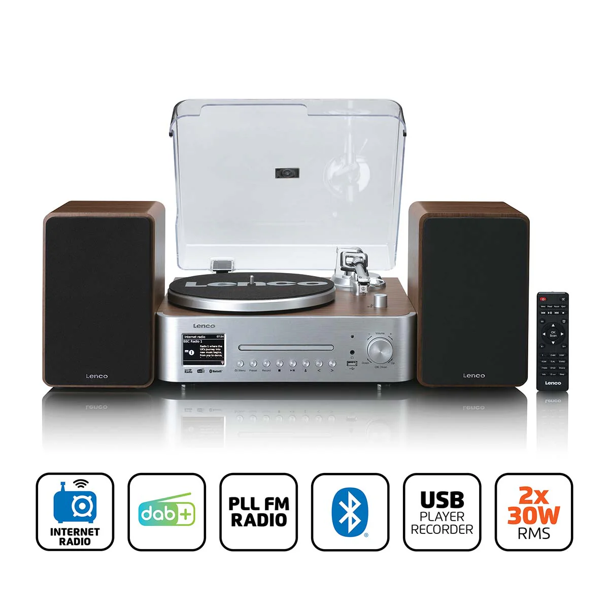 LENCO MC-860WDSI - Chaîne hi-fi avec platine vinyle et enceintes - Radio Internet, DAB+, FM, Bluetooth®, lecteur CD/MP3 - Bois/argent - Image 10