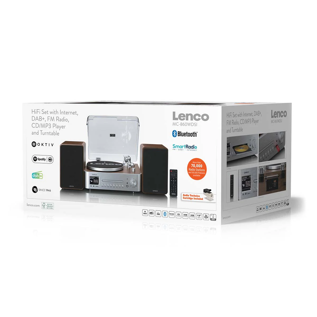 LENCO MC-860WDSI - Chaîne hi-fi avec platine vinyle et enceintes - Radio Internet, DAB+, FM, Bluetooth®, lecteur CD/MP3 - Bois/argent - Image 12
