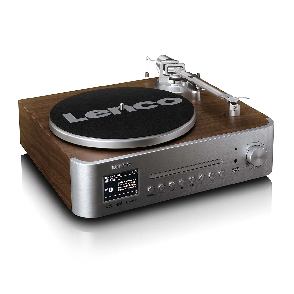 LENCO MC-860WDSI - Chaîne hi-fi avec platine vinyle et enceintes - Radio Internet, DAB+, FM, Bluetooth®, lecteur CD/MP3 - Bois/argent - Image 7