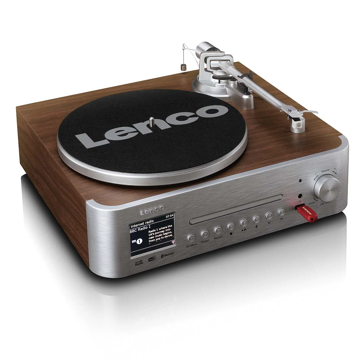 LENCO MC-860WDSI - Chaîne hi-fi avec platine vinyle et enceintes - Radio Internet, DAB+, FM, Bluetooth®, lecteur CD/MP3 - Bois/argent - Image 8
