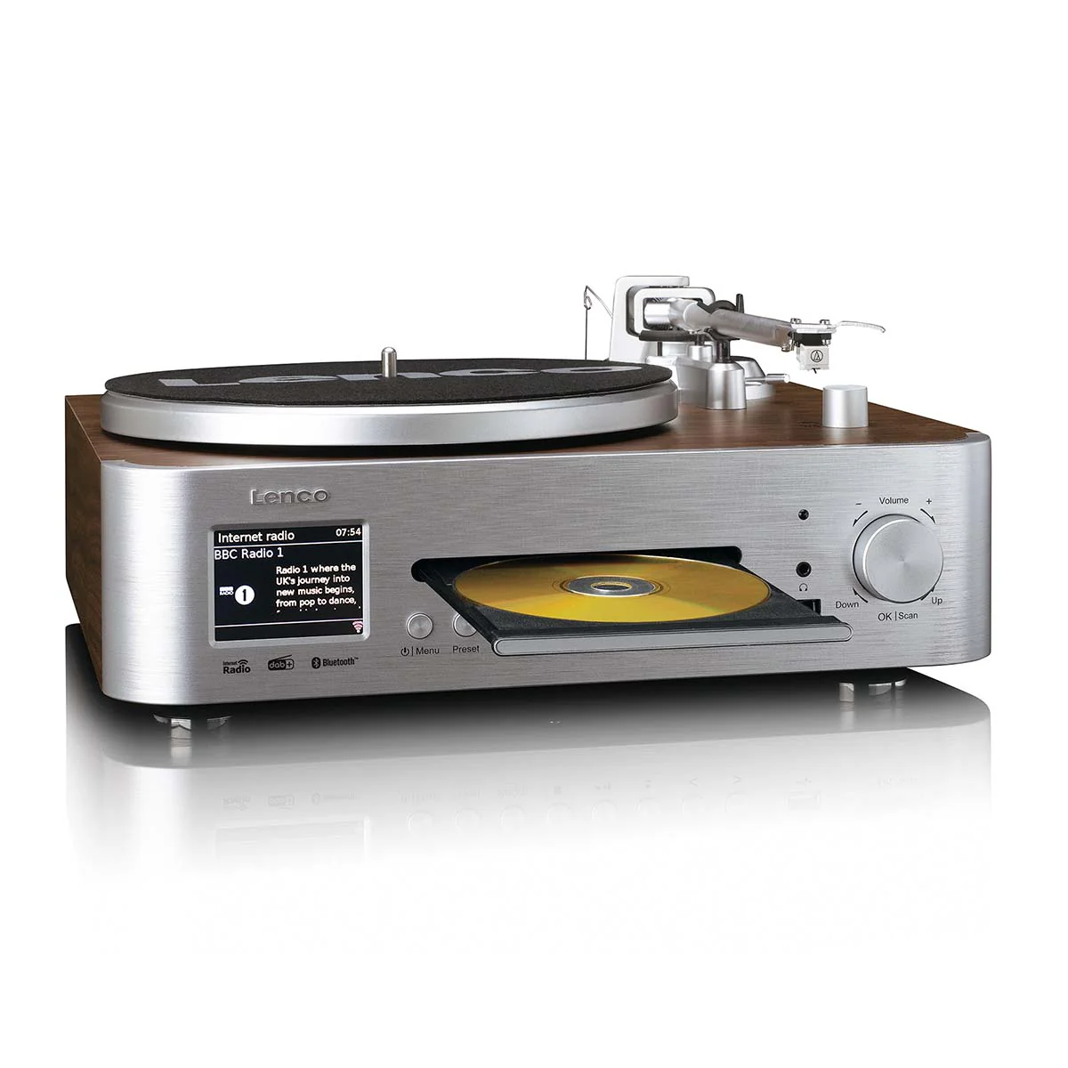 LENCO MC-860WDSI - Chaîne hi-fi avec platine vinyle et enceintes - Radio Internet, DAB+, FM, Bluetooth®, lecteur CD/MP3 - Bois/argent - Image 9