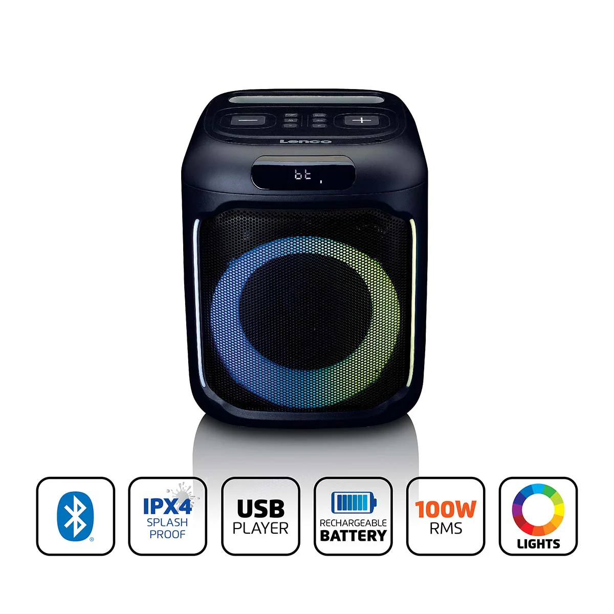 Lenco PA-101BK - Enceinte Bluetooth avec effets lumineux LED - 100W RMS, USB, autonomie de batterie de 14 heures - Noir - Image 16