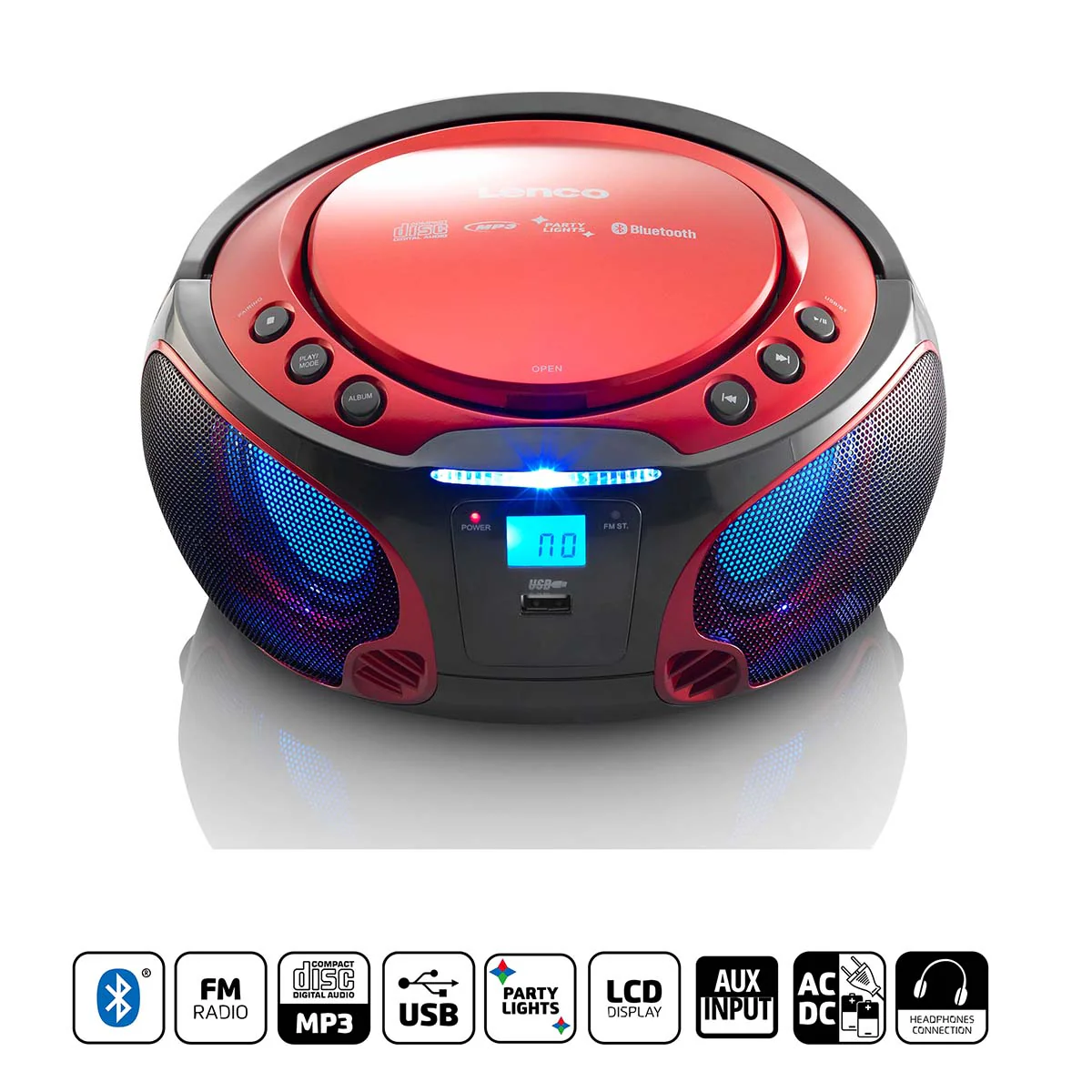 Lenco SCD-550RD - Radio FM et lecteur CD/MP3/USB/Bluetooth® portable avec éclairage LED - Rouge - Image 8