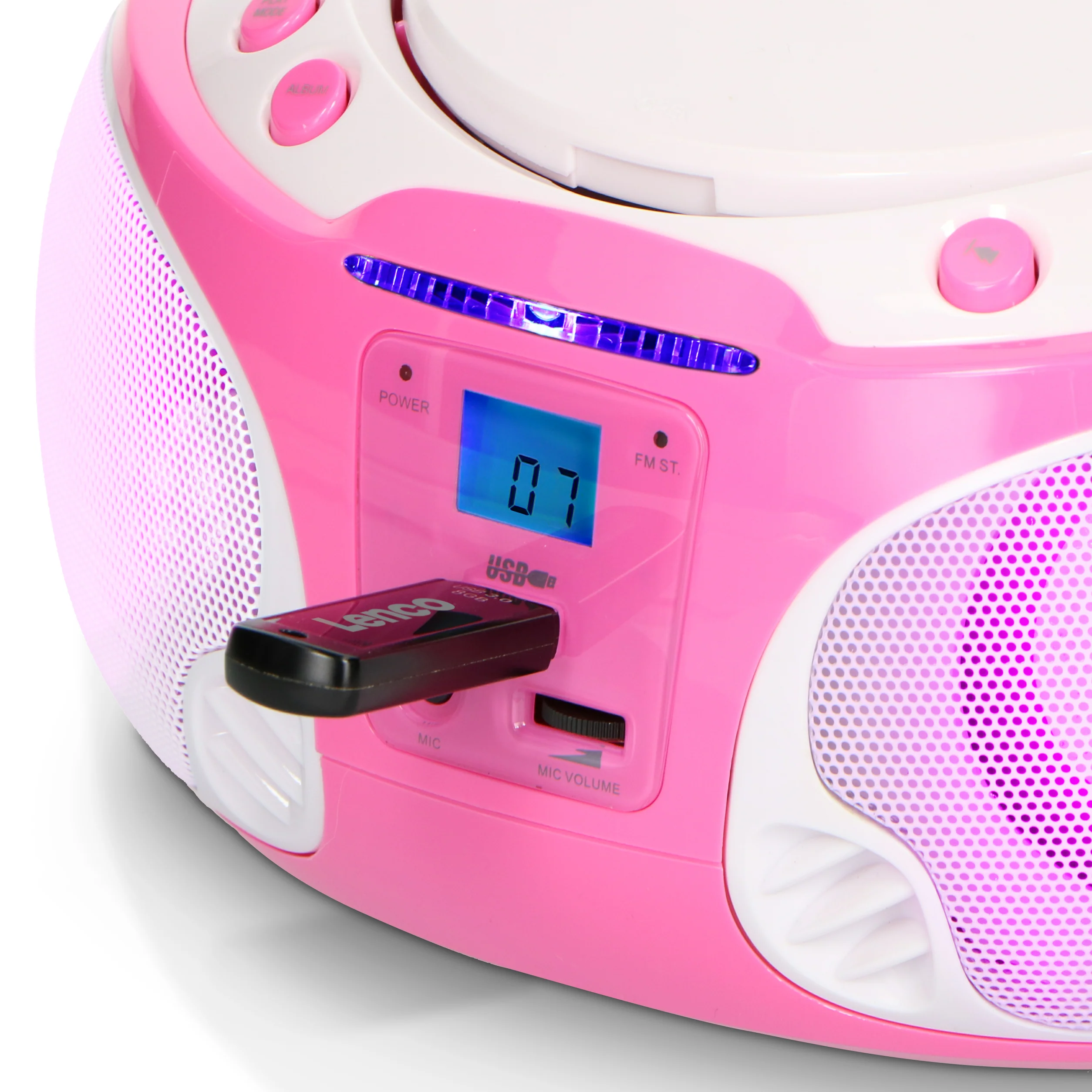 Lenco SCD-650PK - Radio FM et lecteur CD/MP3/USB portable avec microphone et effets lumineux - Rose - Image 12