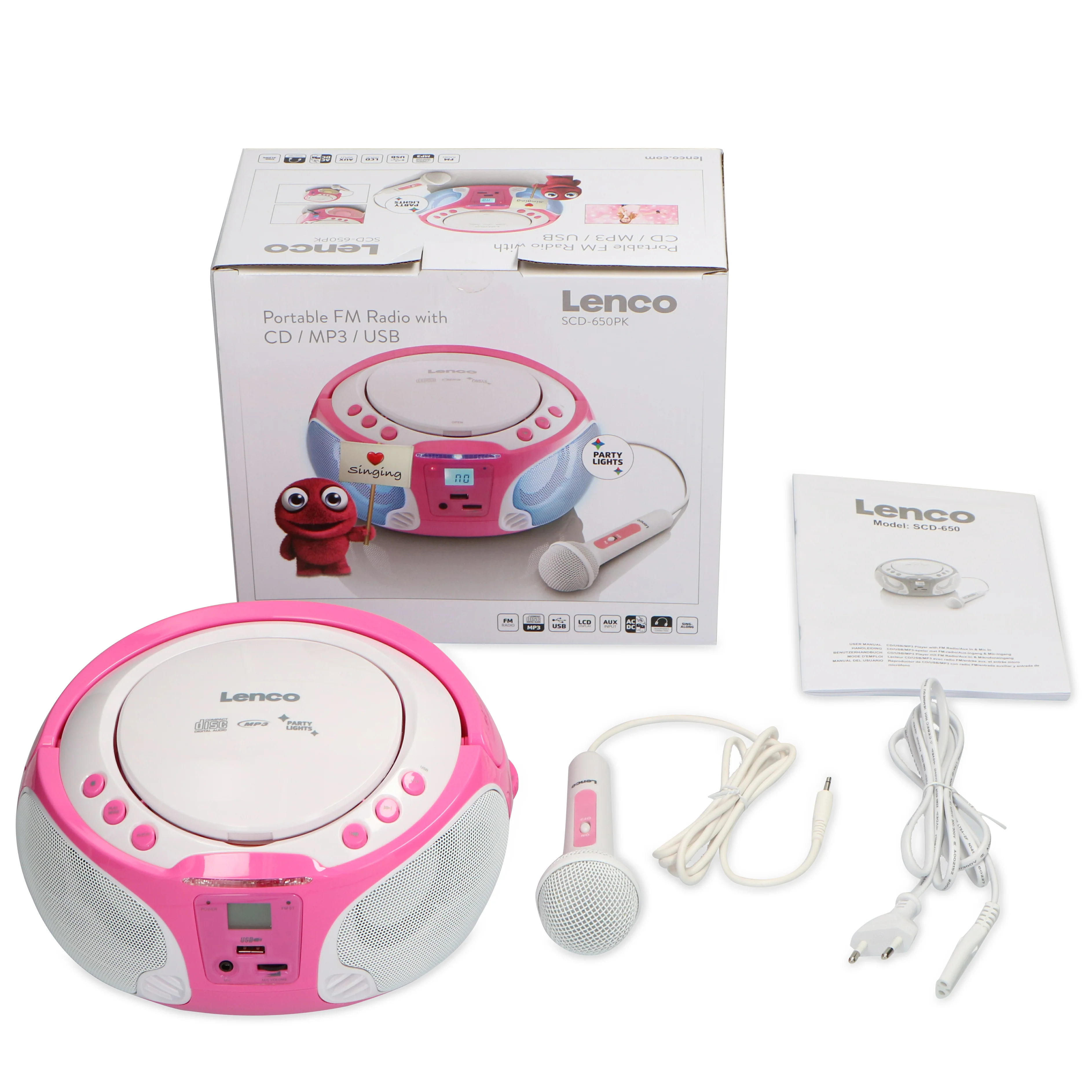 Lenco SCD-650PK - Radio FM et lecteur CD/MP3/USB portable avec microphone et effets lumineux - Rose - Image 15